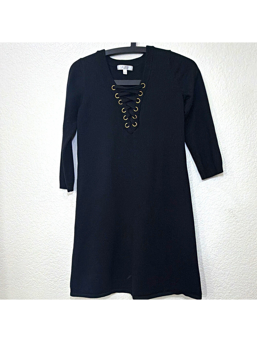 Spense Women's S Black Knit Sweater Dress V-Neck Lace-Up 3/4 Sleeve Knee